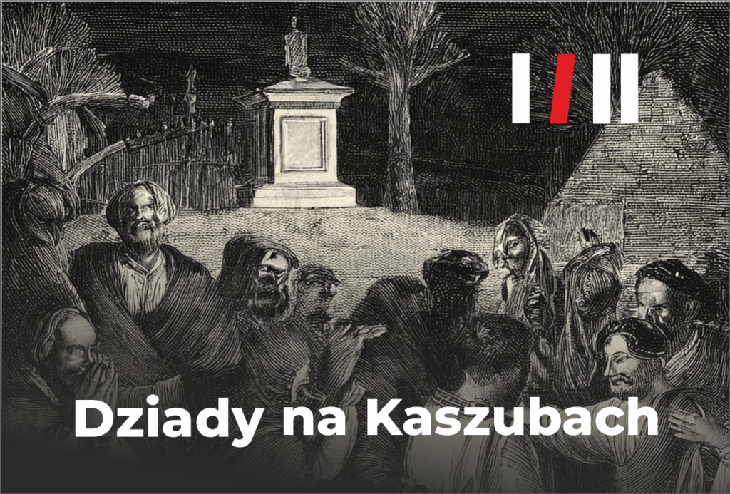 Czarno-biała ilustracja z obrządku dziadów na Kaszubach