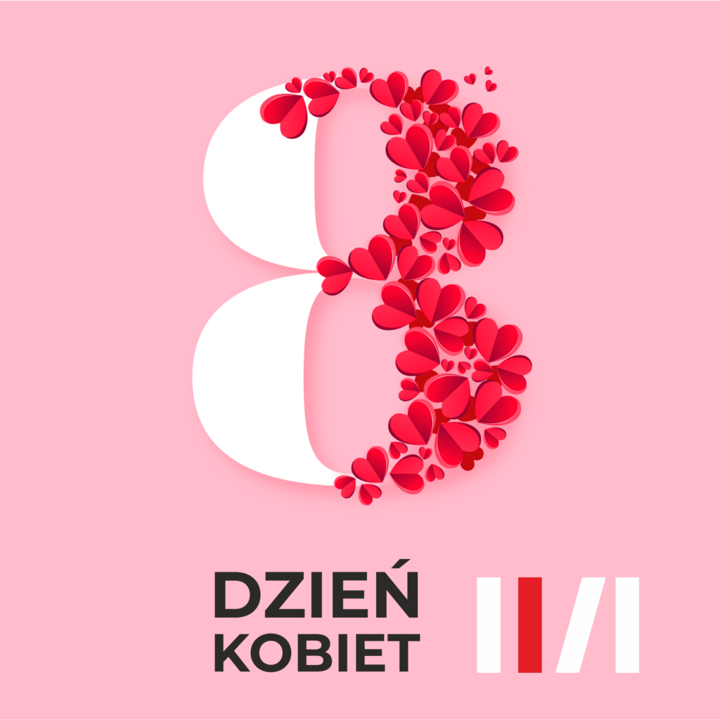 Biało-czerwona ósemka, wykonana w połowie z płatków czerwonych róż. Pod spodem napis: "Dzień kobiet"