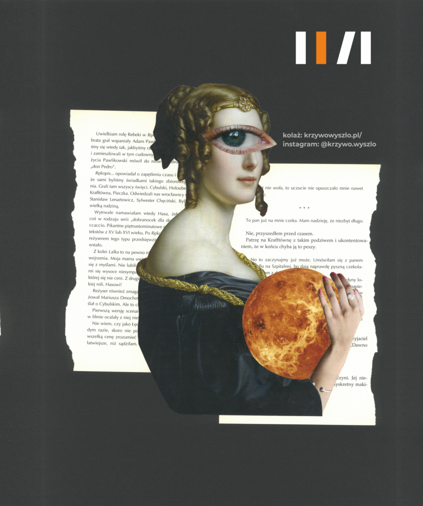 Kolaż. Kobieta w ciemnej sukience. Ma jedno duże oko. W rękach trzyma słońce. Za nią widać wycięte fragmenty książek.