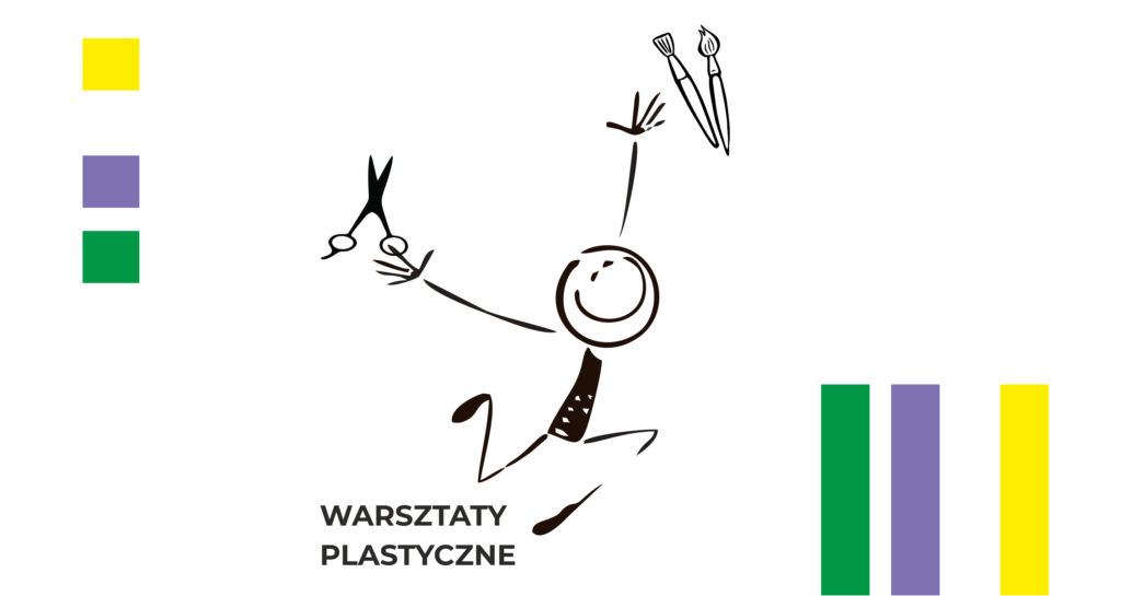 Rysunkowy ludzik z nożyczkami, pędzlem i kredką w rękach