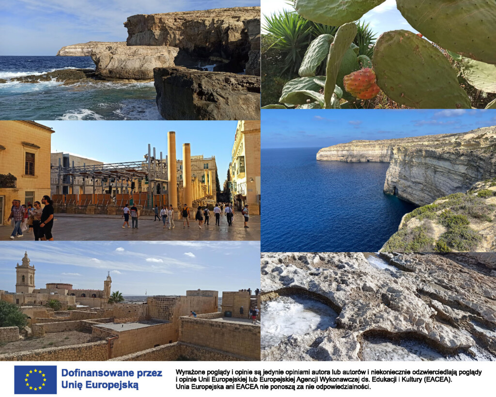 Kolaż składa się z 6 zdjęć z Malty. W lewym górnym rogu znajduje się zdjęcie skał nadmorskich, pod nim nowoczesna scena w okolicy starszej, zabytkowej zabudowy. Na końcu zabytkwowa, fortowa zabudowa Malty. W drugiej kolumnie, w prawym górym rogu znajduje