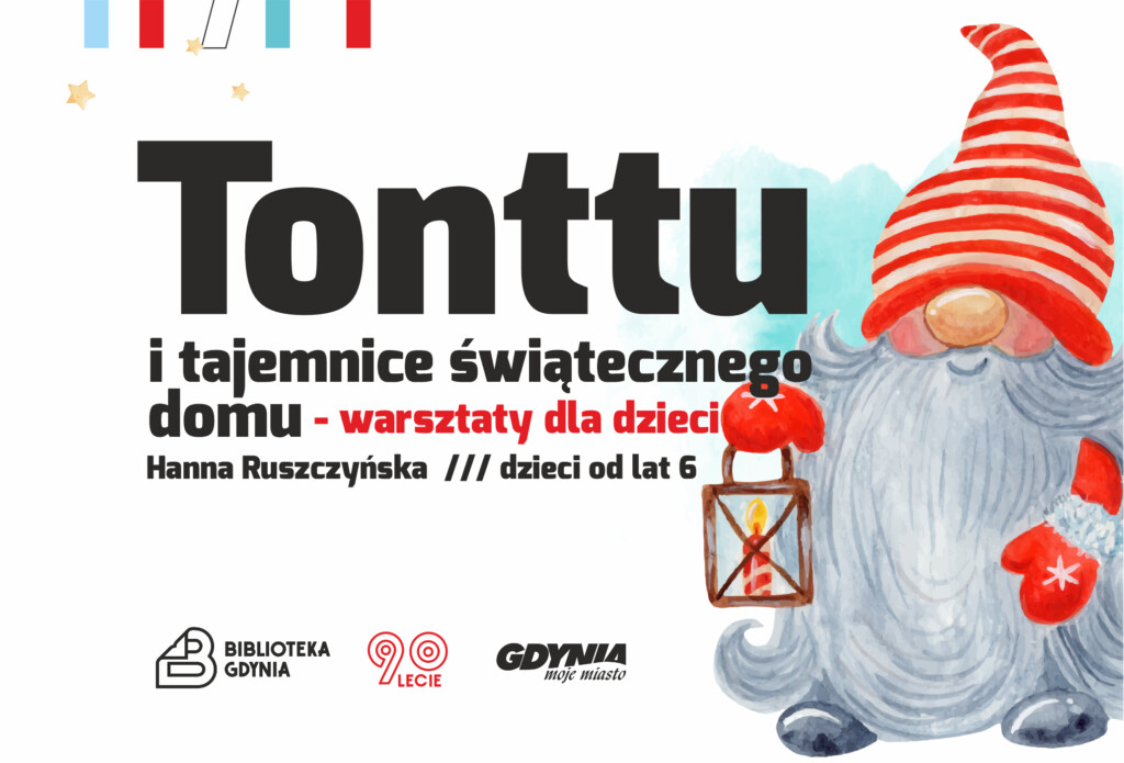 Zwisające z górnej części ilustracji rysunkowe świąteczne ozdoby przetykane niewielkimi śnieżkami.