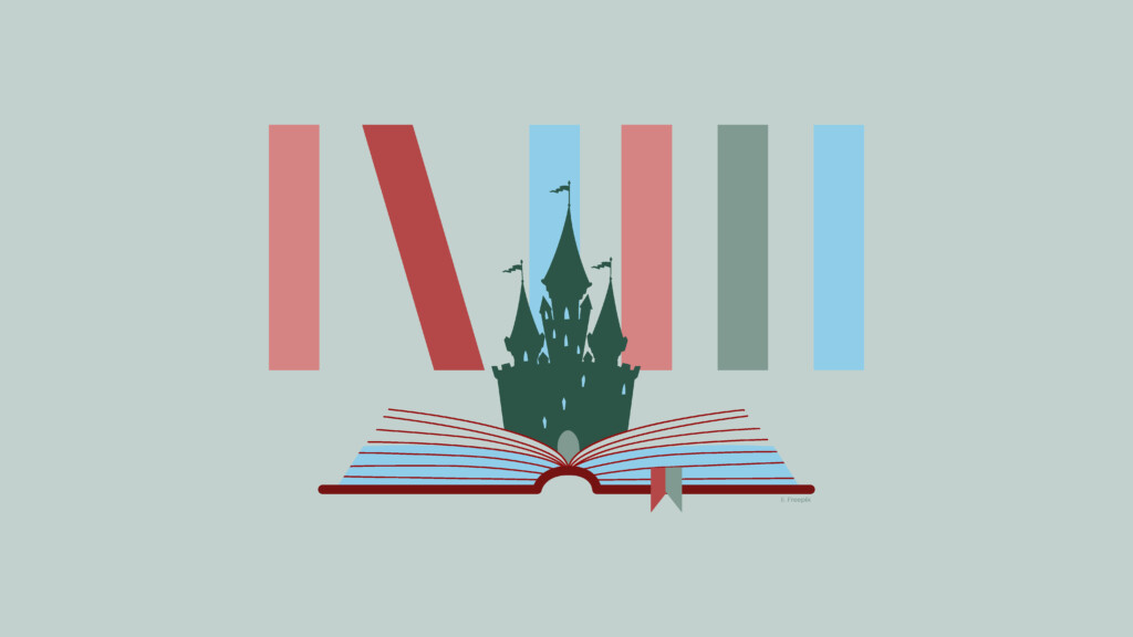Otwarta książka, z której wystaje zamek. Za nim kolorowe, pionowe paski imitujące książki na półce. Szare tło.
