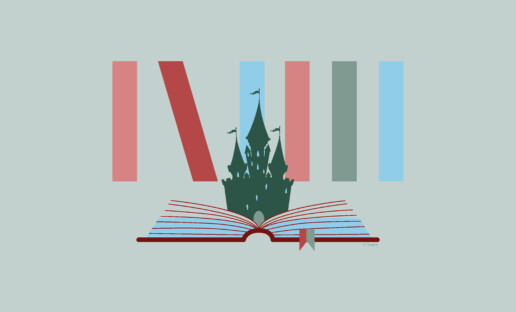 Otwarta książka, z której wystaje zamek. Za nim kolorowe, pionowe paski imitujące książki na półce. Szare tło.