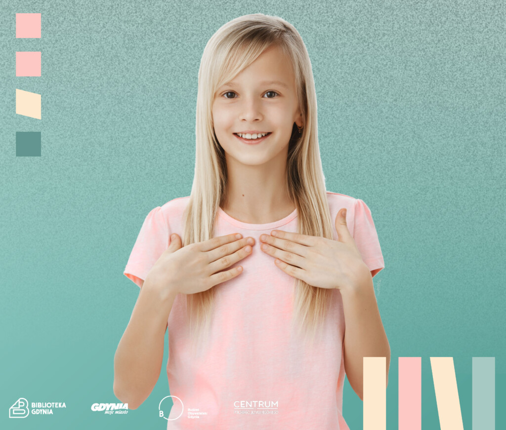 Dziewczynka w długich blond włosach pokazująca gesty w języku migowym