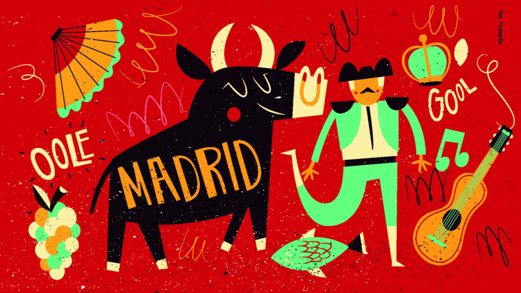 Rysunkowy torreador z zadowolonym bykiem na spacerze