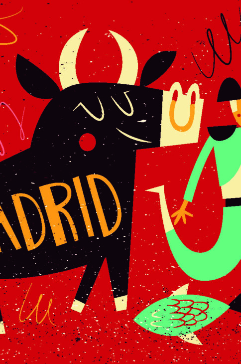 Rysunkowy torreador z zadowolonym bykiem na spacerze