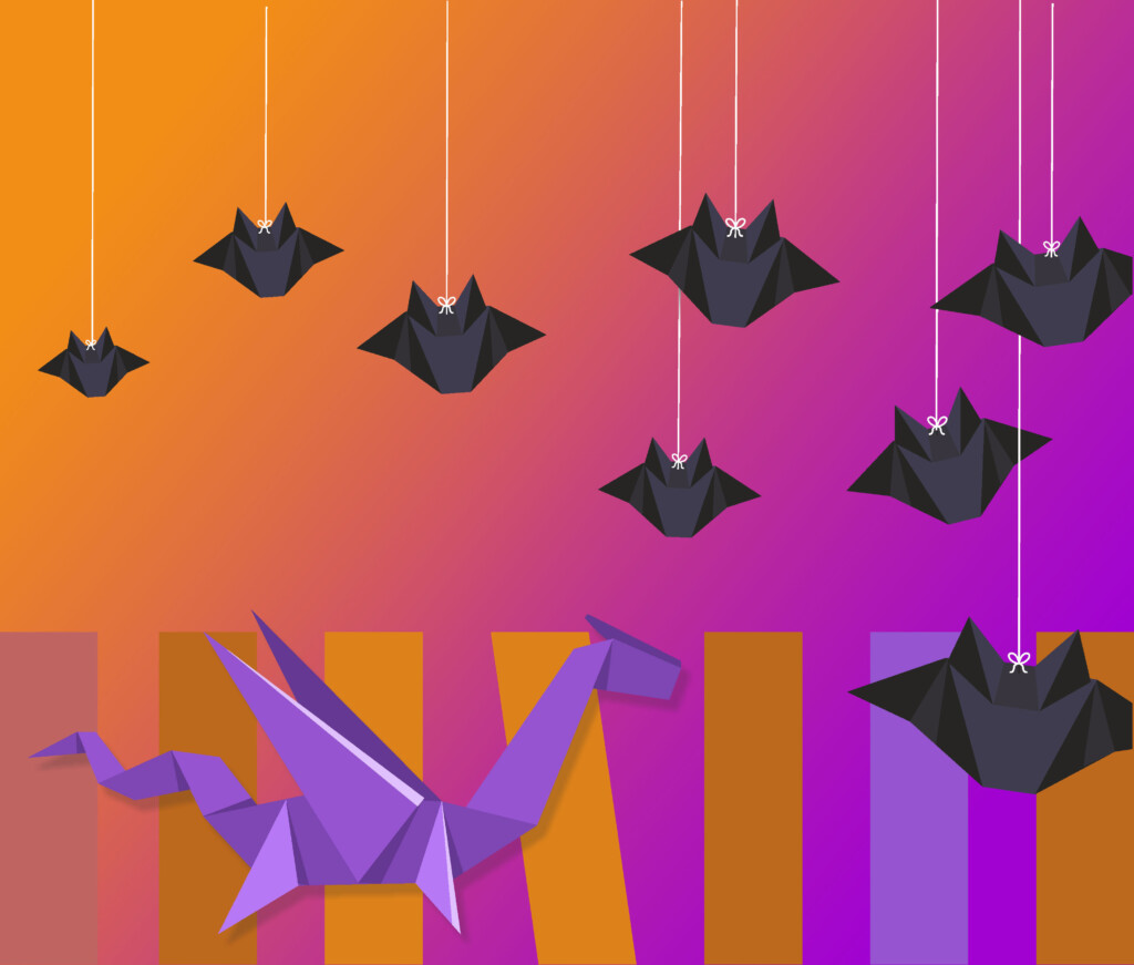 Nietoperze i dinozaur zrobione z origami
