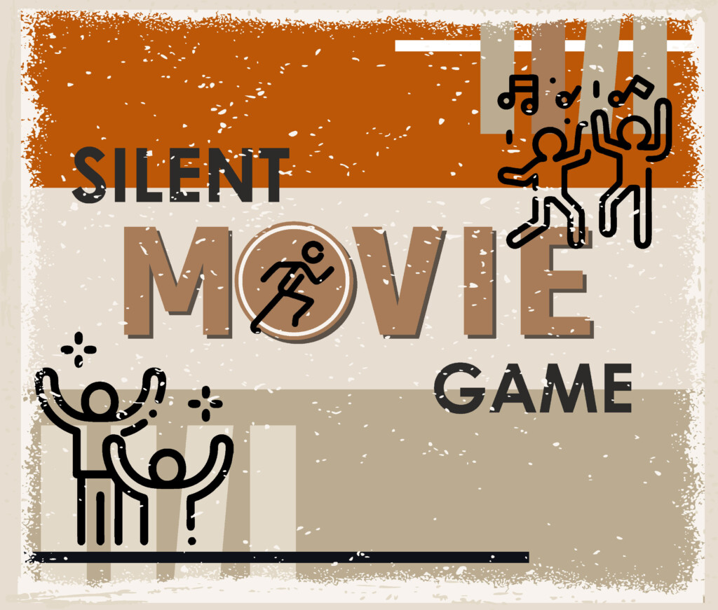 Beżowo-pomarańczowe tło. W lewym dolnym i prawym górnym rogu widać rysunkowe ludziki wykonujące różne gesty. Na środku napis: "Silent Movie Game"