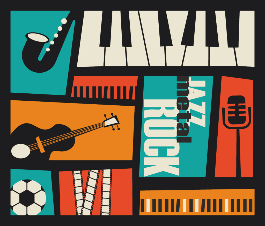 Grafika podzielona na kolaż w stylu komiksowym. Na każdym z obrazków widzimy instrumenty muzyczne oraz taśmy filmowe i piłka do piłki nożnej.