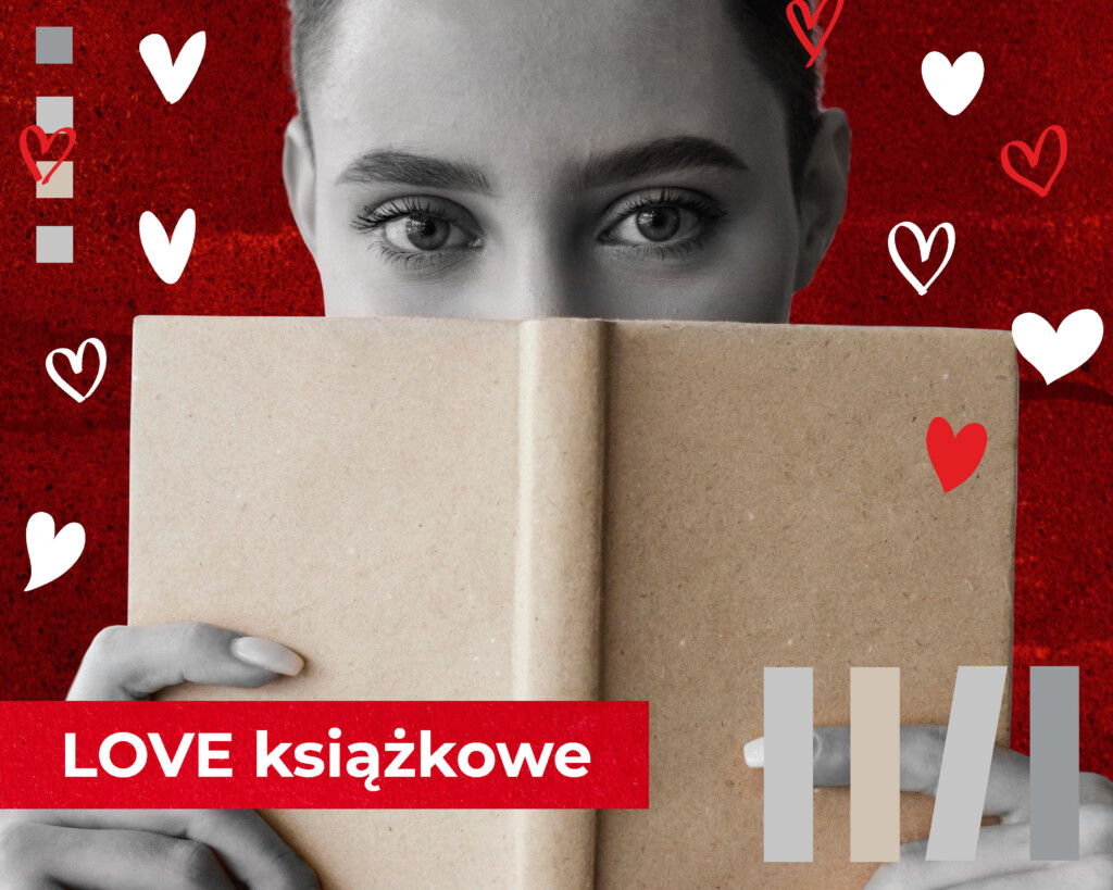 Kobieta trzymająca książkę, którą zasłania dolną połowę twarzy. Za nią czerwone tło z białymi sercami.