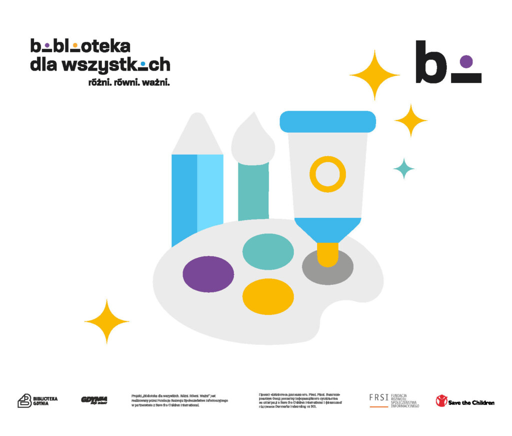 Paleta kolorów oraz pędzle i farba w tubce. Po lewej stronie napis: "Rysostwory". Dookoła widać logotypy projektu "Biblioteka dla wszystkich"