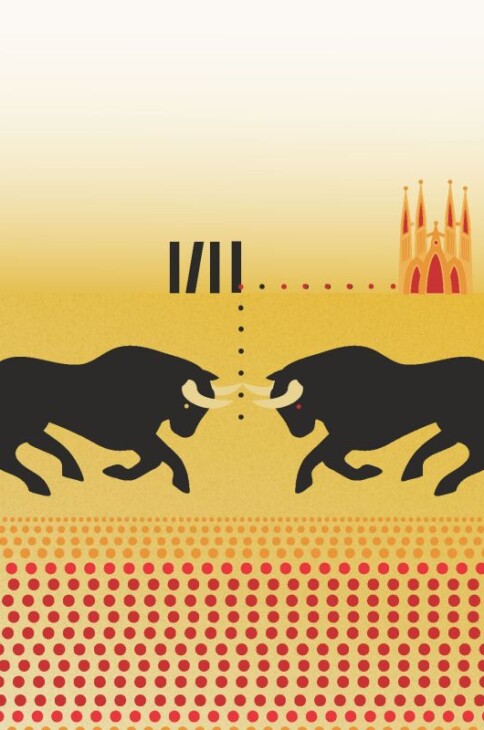 Dwa szarżujące na siebie ilustrowane byki