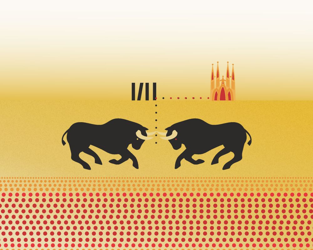 Dwa szarżujące na siebie ilustrowane byki