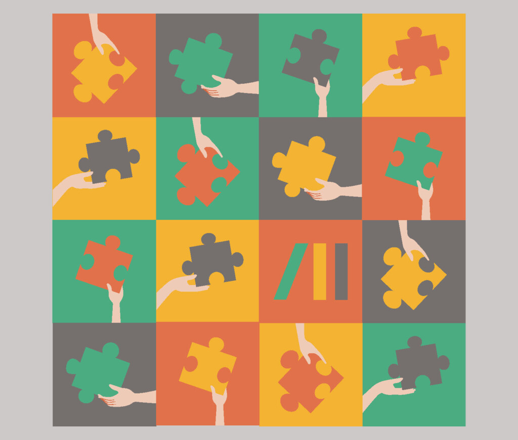 Kwadratowe pola w różnych kolorach, sąsiadujące ze sobą. Na każdym z nich są dłonie trzymające puzzle.