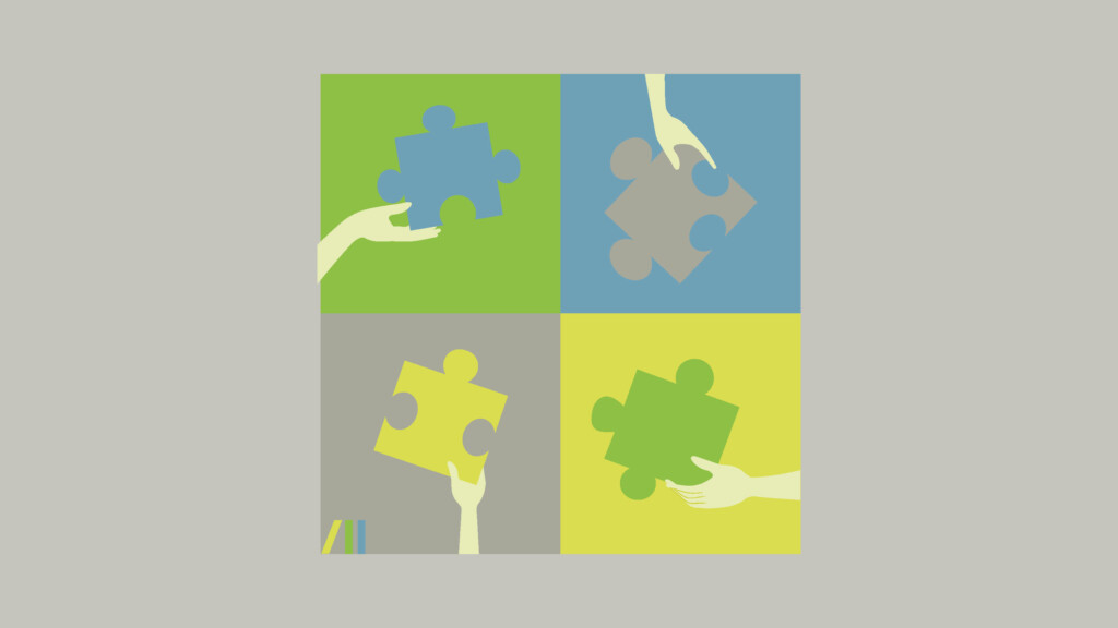 Kolorowe ikonki, na których widać dłonie trzymające puzzle.