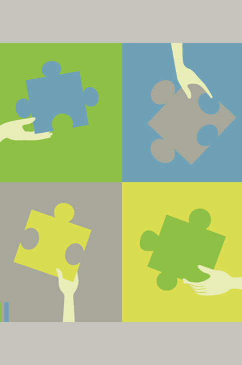 Kolorowe ikonki, na kt&oacute;rych widać dłonie trzymające puzzle.