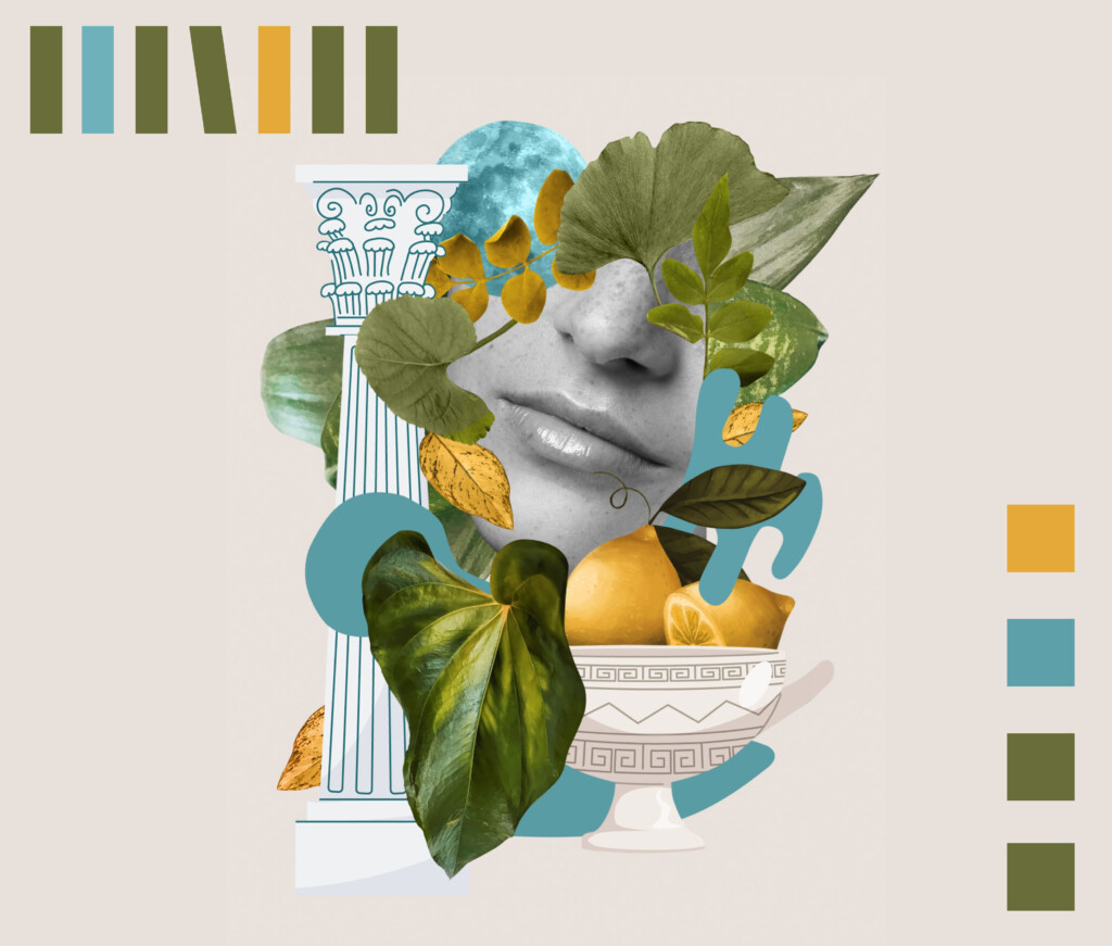 Abstrakcyjna grafika. Kobiece usta i nos w kolorach czarnobiałych będące pomiędzy roślinami oraz białą kolumną i misą z owocami.