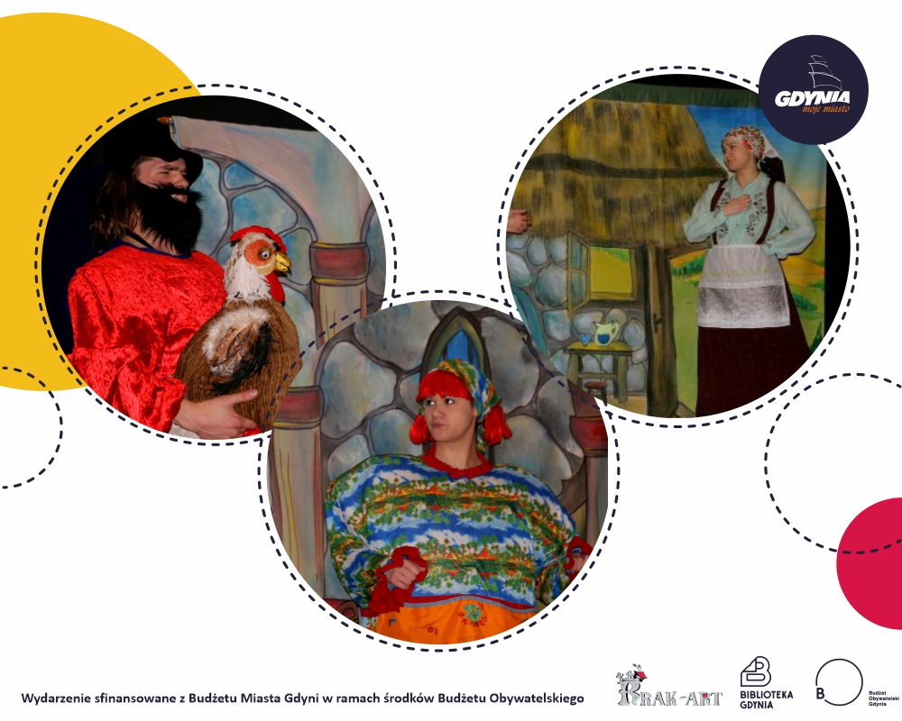 Ujęcia ze spektaklu teatralnego w trzech kołach. W jednym mężczyzna z brodą w kapeluszu trzymający w rękach koguta, w drugim dziewczyna w rudych włosach i błękitnej bluzce, w trzecim dziewczyna w ludowym stroju.