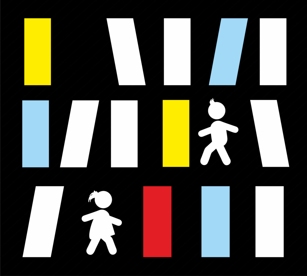 Na czarnym tle pionowe paski imitujące książki na półce. Pomiędzy nimi sylwetki skradających się dzieci.