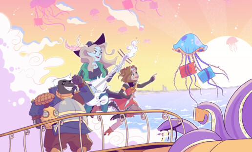 animowana grafika z fantastycznymi postaciami na pokładzie statku, który dryfuje po wzburzonym morzu