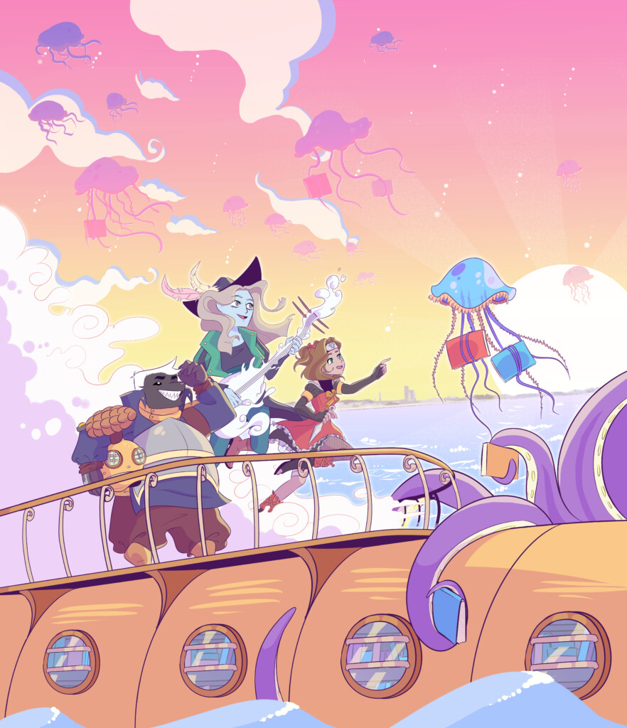 animowana grafika z fantastycznymi postaciami na pokładzie statku, który dryfuje po wzburzonym morzu