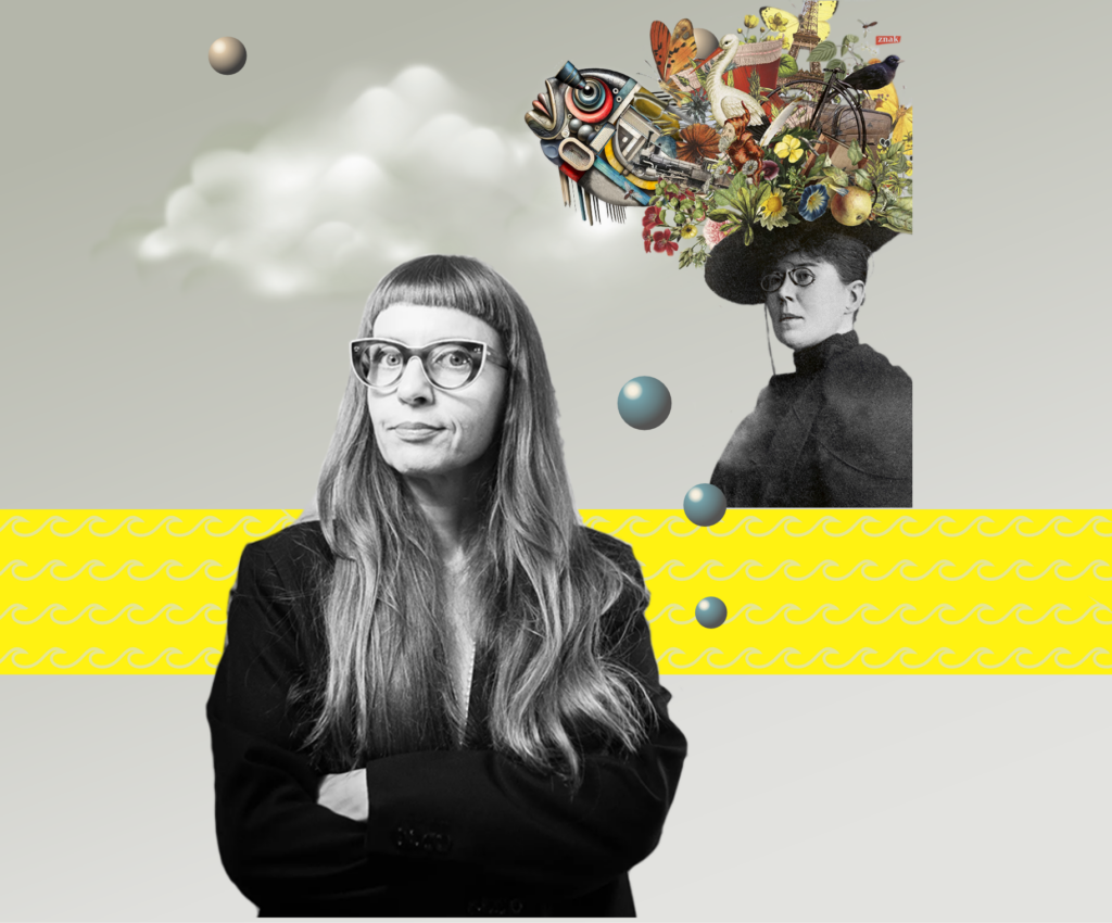 ABstrakcyjna ilustracja z Marią Konopnicką w prawym górnym rogu i zdjęciem Magdaleny Grzebałkowskiej w lewym.