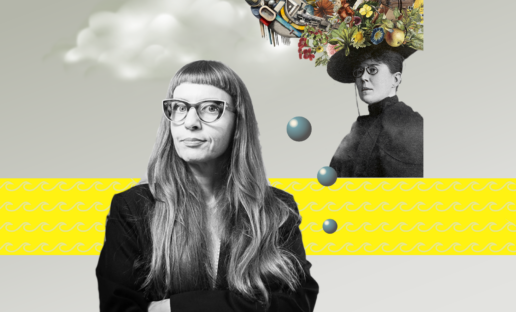 ABstrakcyjna ilustracja z Marią Konopnicką w prawym górnym rogu i zdjęciem Magdaleny Grzebałkowskiej w lewym.