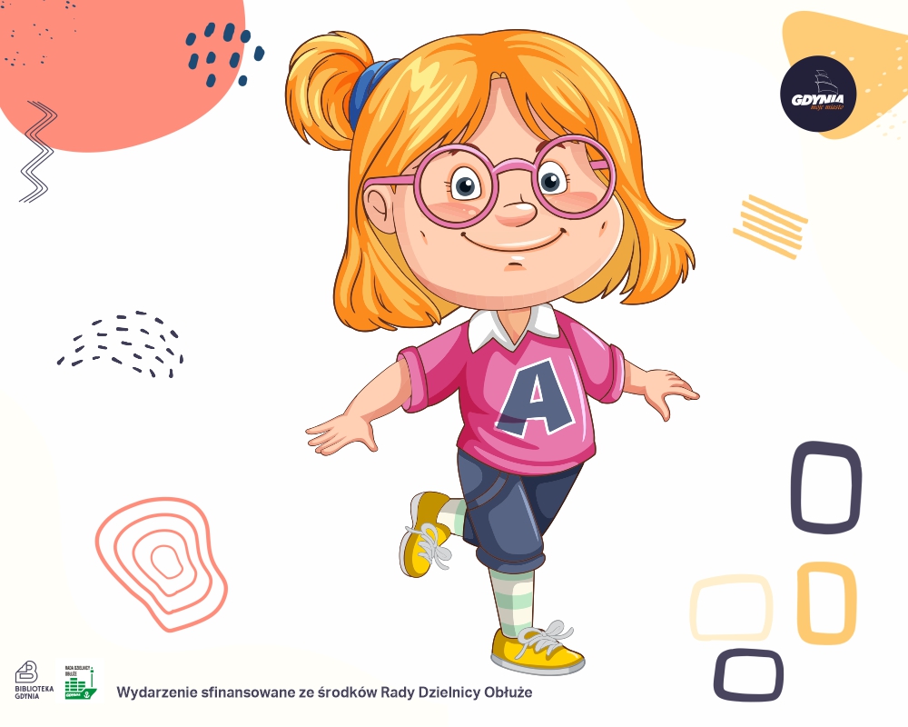 Grafika. Dziewczynka w okularach w blond włosach średniej długości. Ma krótkie, niebieskie spodenki oraz różową bluzkę z literką "A".
