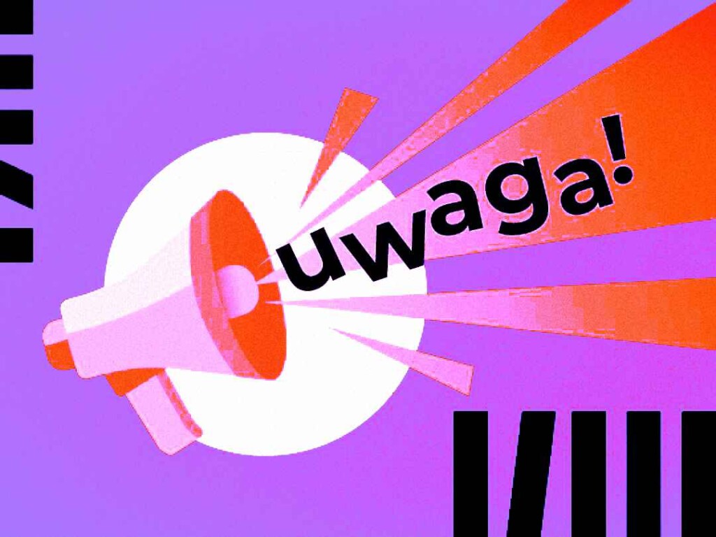 Fioletowy megafon megafon, z którego wydobywa się głośny dźwięk z napisem "UWAGA!"