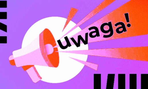 Fioletowy megafon megafon, z którego wydobywa się głośny dźwięk z napisem "UWAGA!"