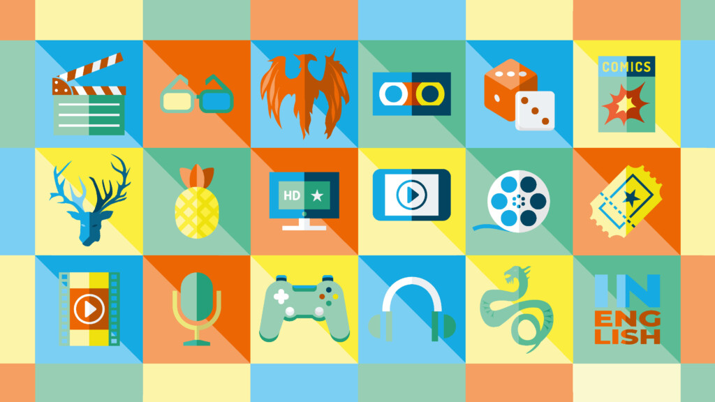 Kolorowe ikonki kojarzące się z aktywnościami, które można wykonywać w bibliotece.