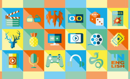 Kolorowe ikonki kojarzące się z aktywnościami, które można wykonywać w bibliotece.