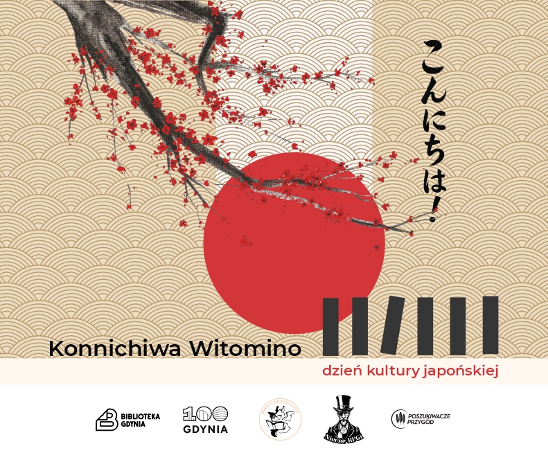 Na beżowym tle czerwone, wypełnione koło - takie same jak na fladze Japonii. Z góry zwisa gałąź kwitnącej wiśni. Po prawej stronie napis zapisany pismem japońskim. Na dole napis "Konnichiwa Witomino"