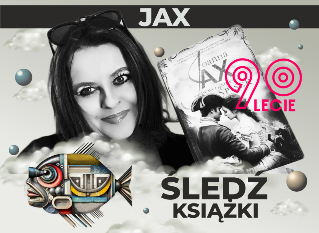 Grafika urodzinowa ze zdjęciem Joanny Jax i okładką jej książki.