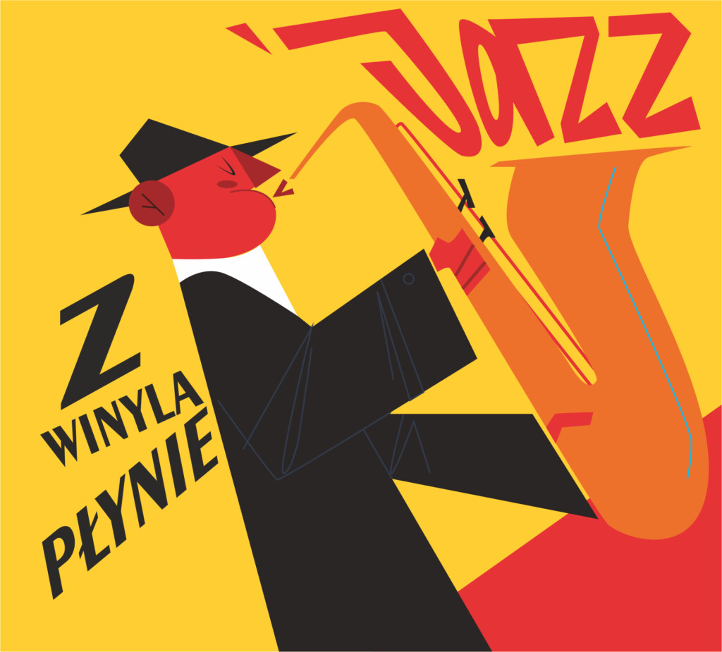 Grafika przedstawiająca jazzmana w komiksowym stylu grającego na saksfofonie. Obok komiksowy napis "Z winyla płynie jazz"