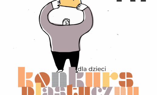 Rysunkowa postać trzymając nad głową dużą, złotą koronę. Pod nią napis: "Konkurs plastyczny dla dzieci".
