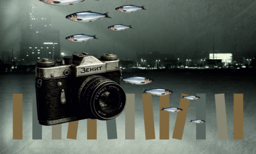 Aparat fotograficzny na dnie morza. Nad nim płynie ławica śledzi. Na dole napis "Kadry z dawnej Gdyni" i logotypy - Biblioteki Gdynia i 100-lecia Gdyni.