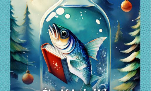 Grafika przedstawiająca śledzia w butelce wypełnionej wodą, który trzyma książkę. Za butelką, w tle, widać drzewa iglaste przystrojone bombkami. Na ziemi leży śnieg. Na dole napis: "Śledź książki i podwój magię świąt. Zaczytanych chwil, spełnienia marzeń