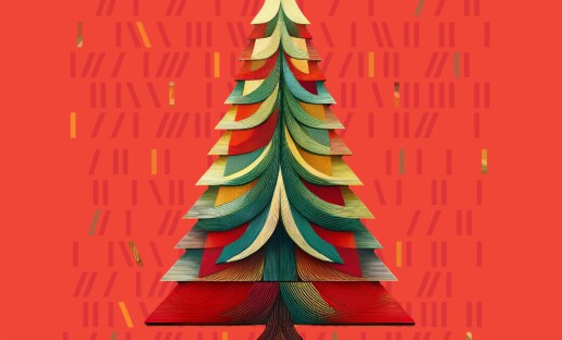 Na jasnoczerwonym tle choinka stworzona z otwartych książek