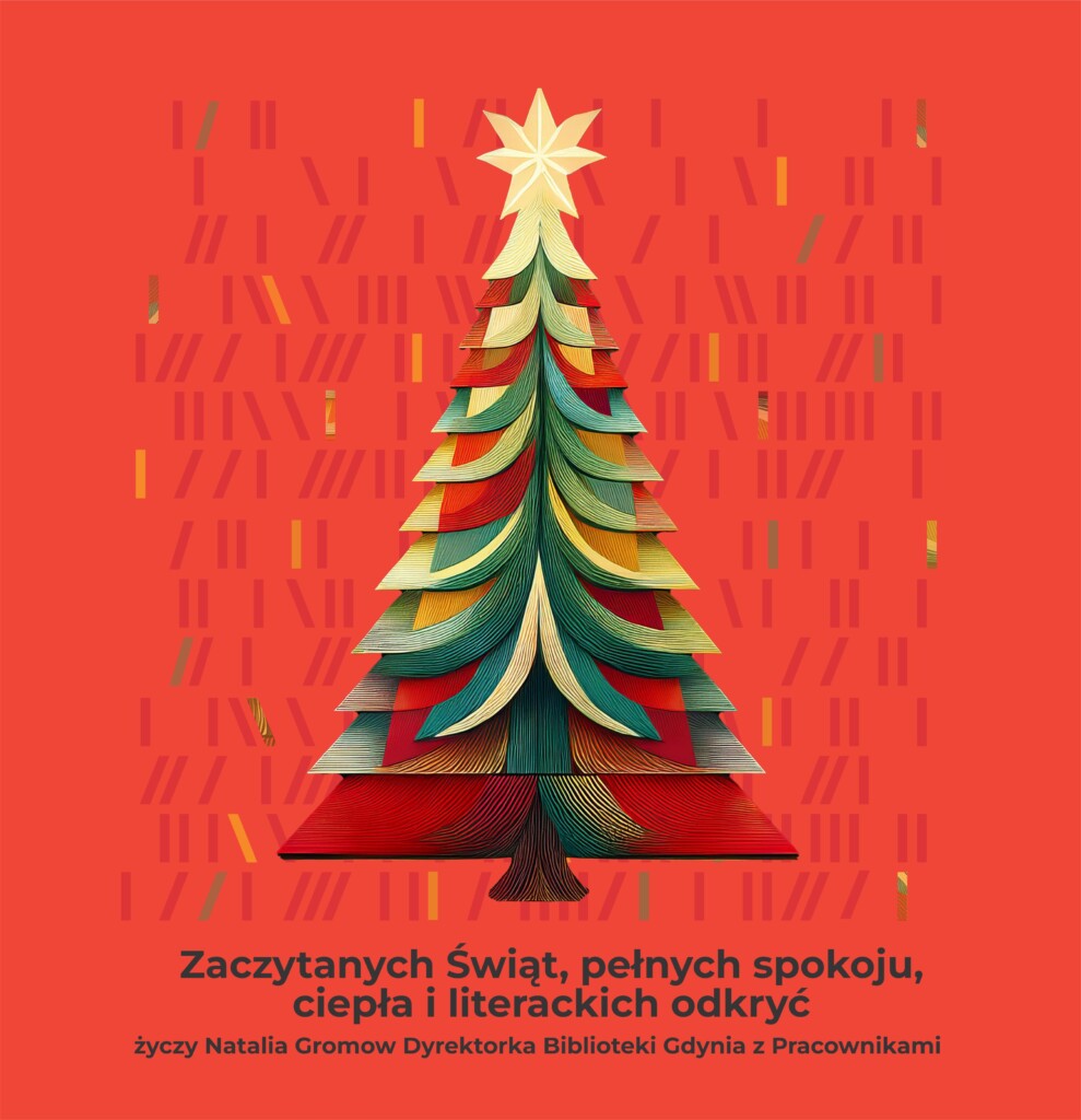 Na jasnoczerwonym tle choinka stworzona z otwartych książek