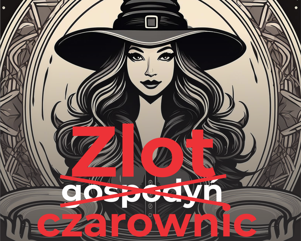 Ilustracja przedstawia czarownicą z długimi włosami i kapeluszem na tle ramy lustra.
