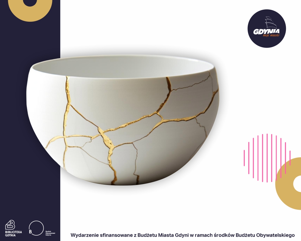 Zdjęcie posklejanej złotem białej ceramicznej miski. Logo Budżetu Obywatelskiego i miasta Gdyni