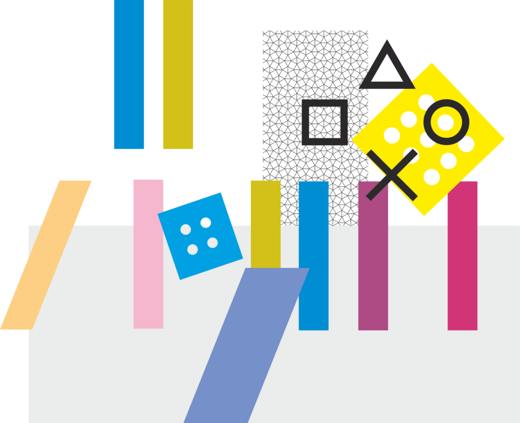 Abstrakcyjna grafika z kostkami d6 i symbolami z padów do gry.