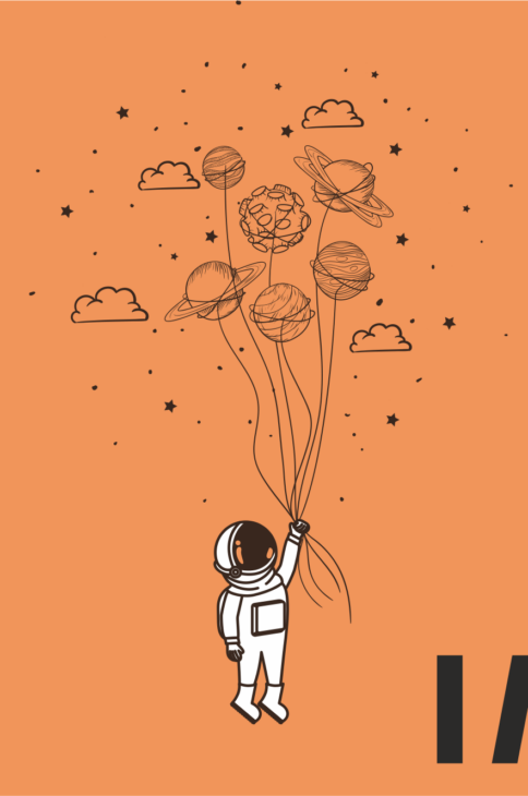 Grafika. Kosmonauta trzymający baloniki w kształcie planet. Pomarańczowe tło.
