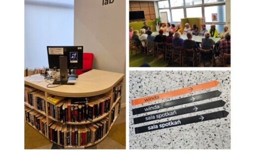 Kolaż trzech zdjęć: stanowiska bibliotekarskiego ze znakiem pętli indukcyjnej, spotkania dla seniorów, pasów naprowadzających. Na dole loga Funduszy Europejskich, flaga Polski i logo Unii Europejskiej.
