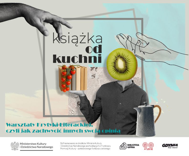 Człowiek z kiwi zamiast głowy, trzyma książki, na których wisi kiść pomidorów.