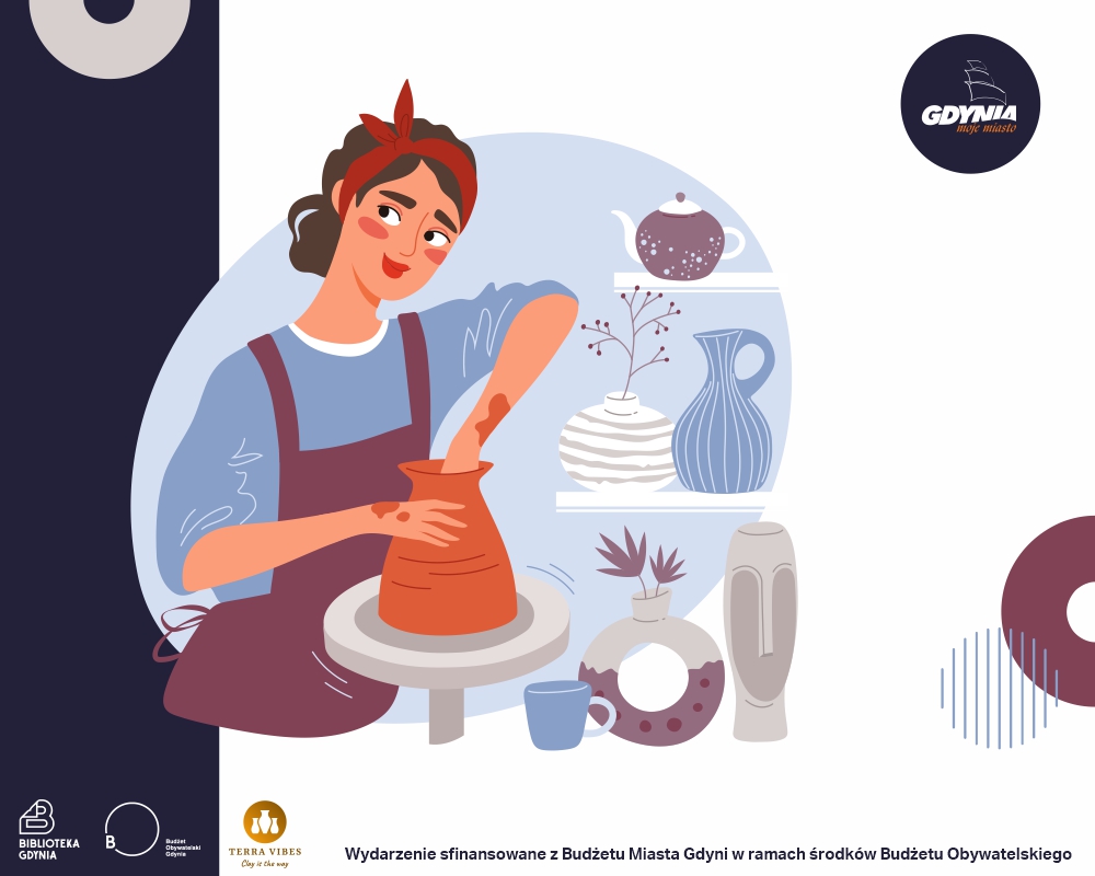 Ilustracja kobiety lepiącej garnek z gliny na garncarskim kole