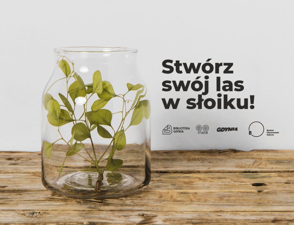Rośliny w słoiku stojącym na blacie z tytułem spotkania.