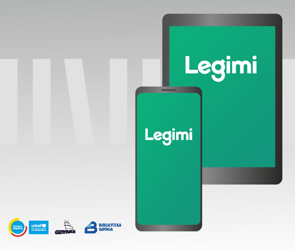 Telefon oraz czytnik. Na ich ekranach wyświetla się biały napis "Legimi" na zielonym tle. Urządzenia są na szarym tle. Na dole widnieją logotypy partnerów oraz Biblioteki Gdynia.